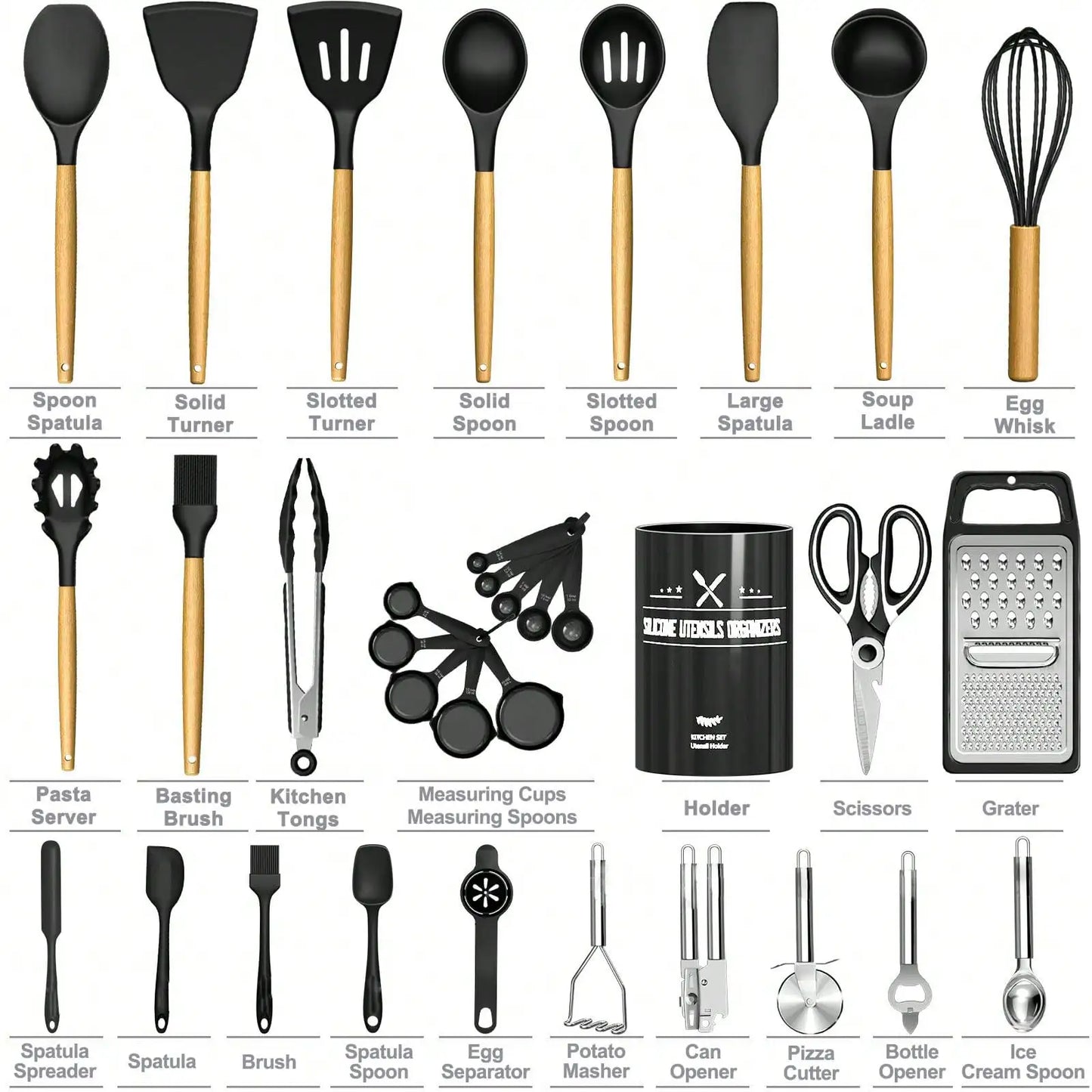 Silicone Kitchen Utensils Set With Holder Wooden Handles
