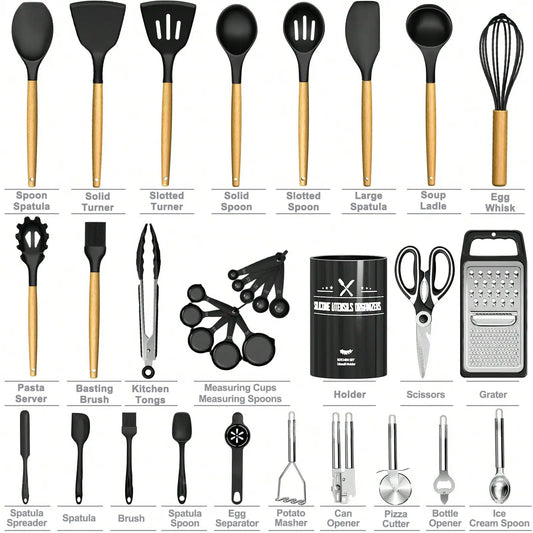 Silicone Kitchen Utensils Set With Holder Wooden Handles