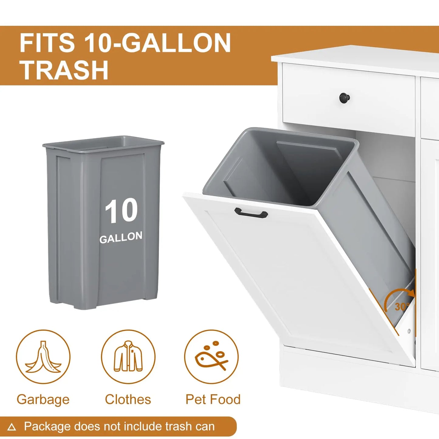 20 Gallon Double Tilt Out Trash Can Cabinet, Wooden Hidden Garbage Bin Cabinet with Deodorizer Function & Drawer, Pet-Proof Laundry Hamper Cabinet, White, No Pattern