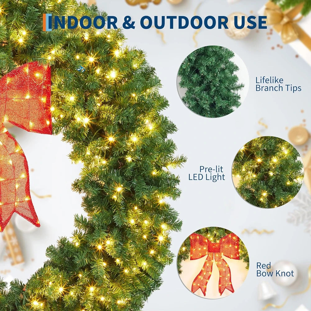 HiMISS Prelit Christmas Wreath With Lighted Bow