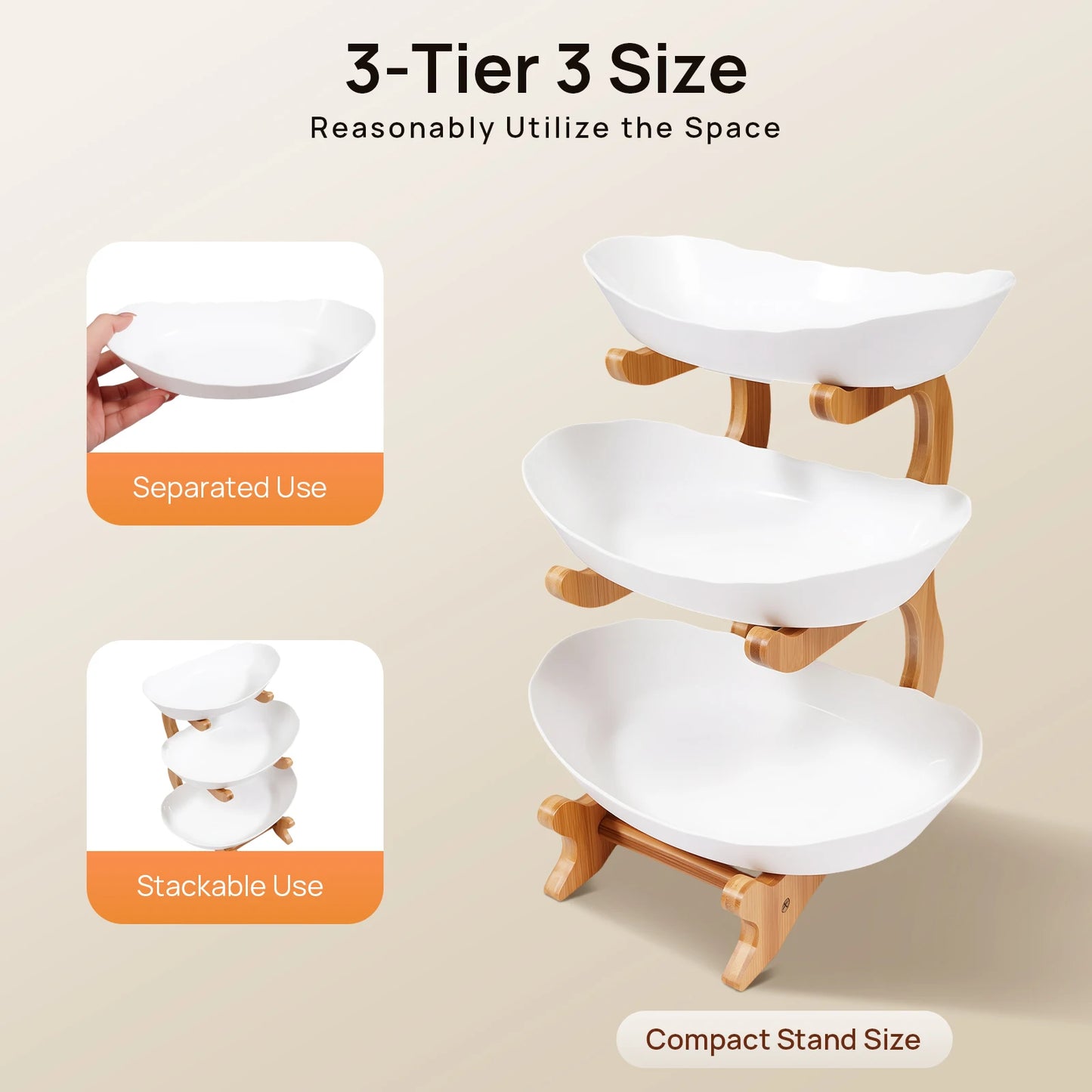 3 Tier Fruit Plate With Bamboo Wood Stand
