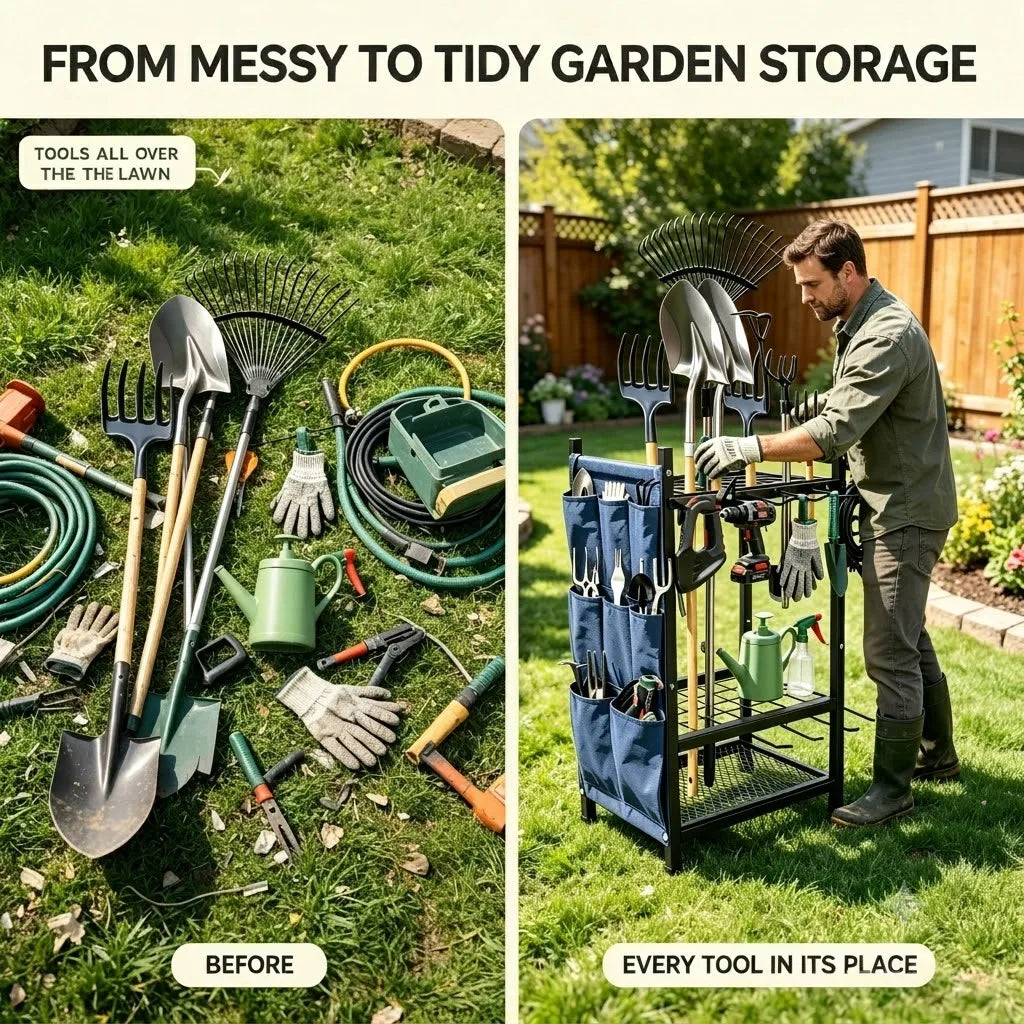 2 Pack Garden Tool Storage Organizer, Heavy Duty Black Metal Garage Tool Rack Set, Freestanding Yard Long Handle Tool Holder with Side Blue Storage Bags & Perforated Pegboard Utility Organizer for Lawn Shovel Rake Power Hand