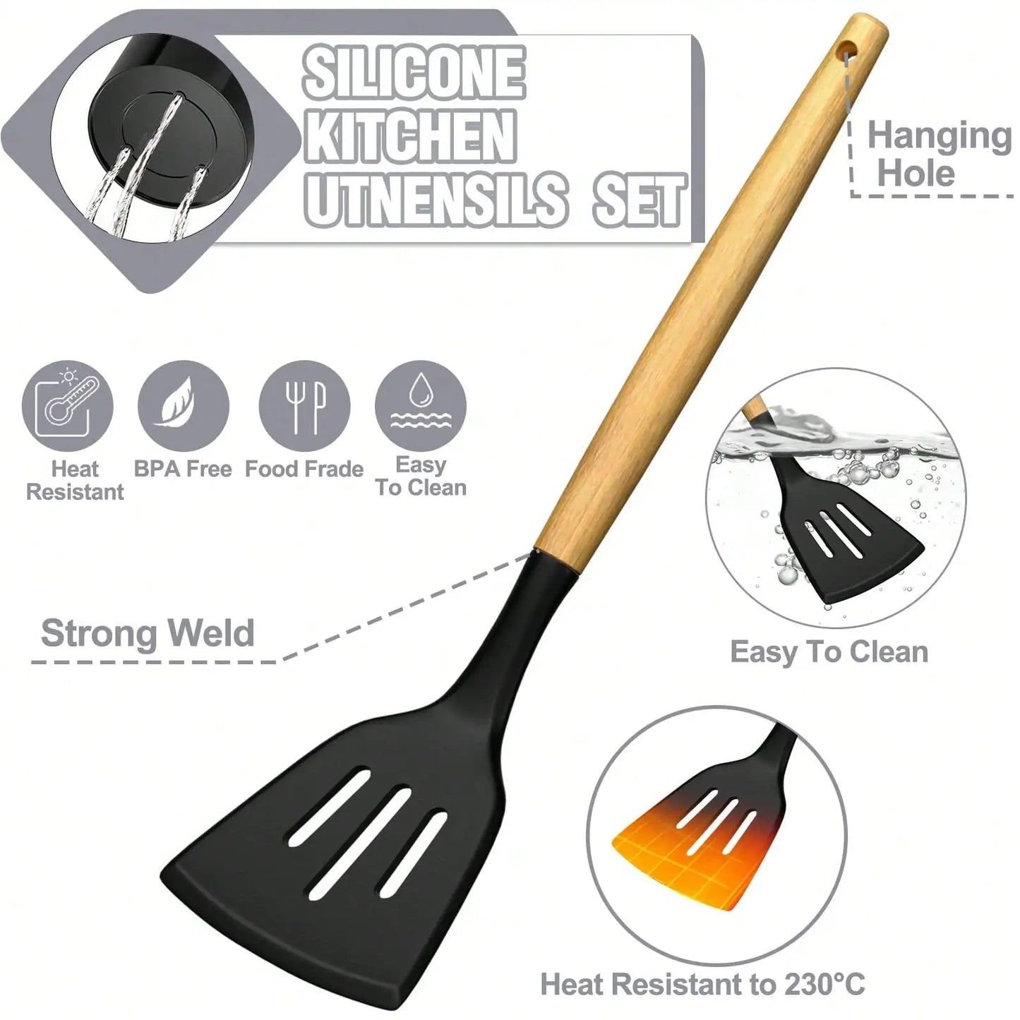 Silicone Kitchen Utensils Set With Holder Wooden Handles