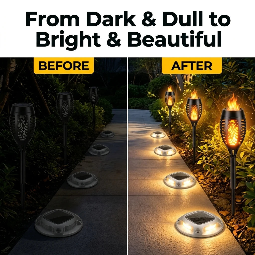 Solar Flame Torch And Ground Pathway Lights Set