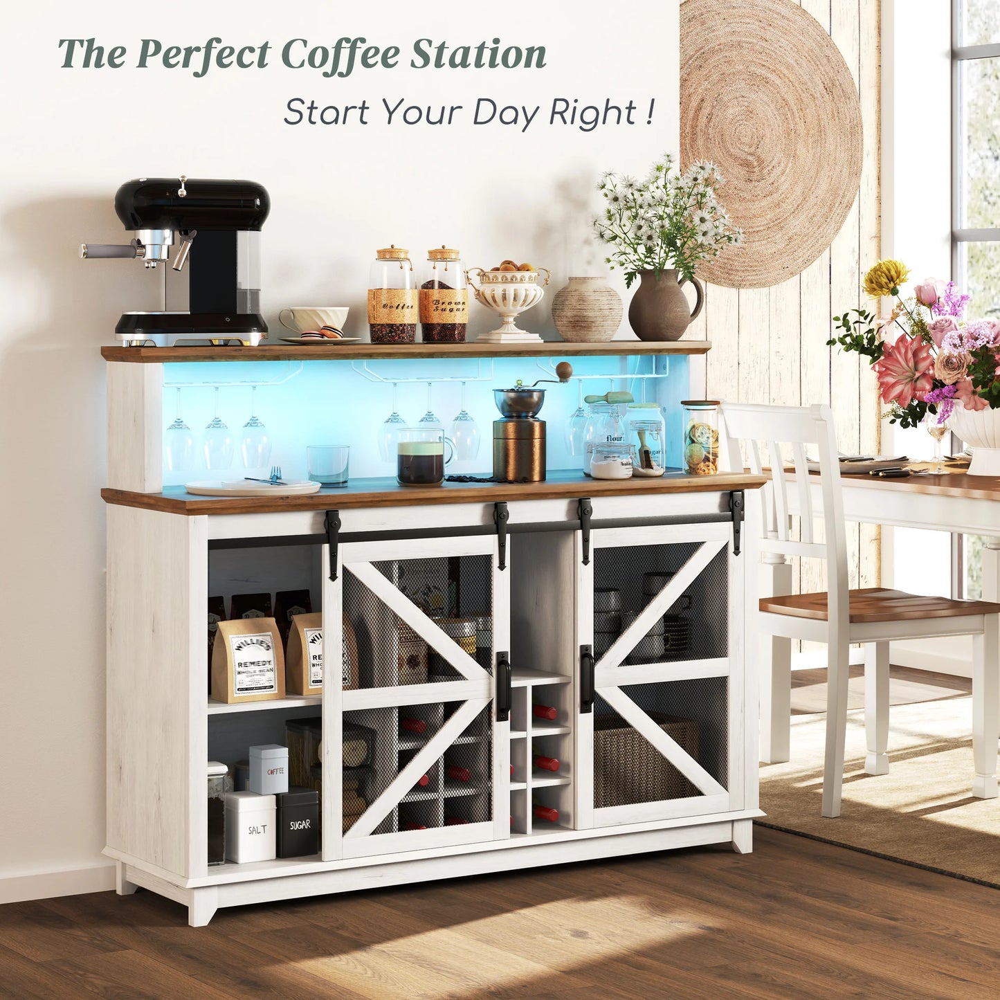 Farmhouse LED Coffee Bar Cabinet With Wine Rack