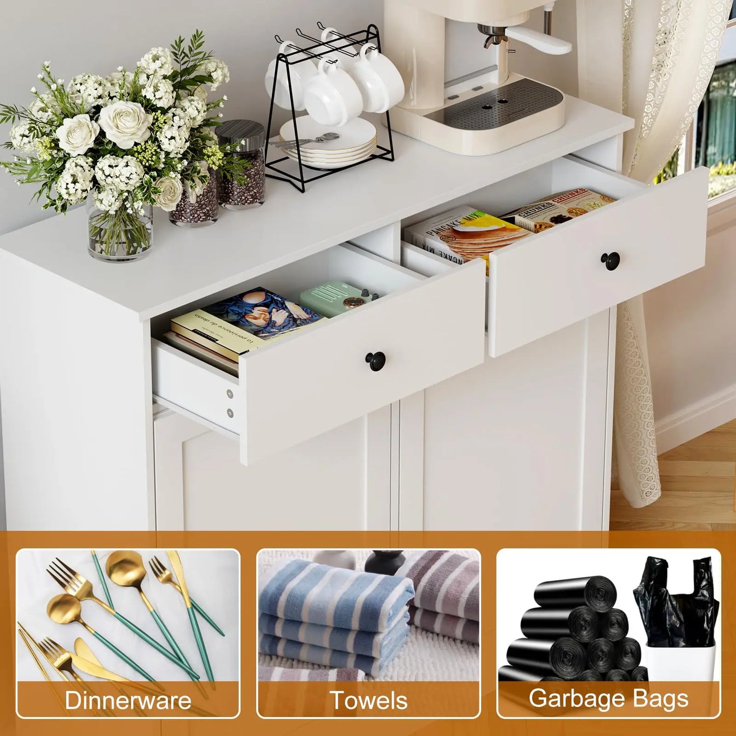 20 Gallon Double Tilt Out Trash Can Cabinet, Wooden Hidden Garbage Bin Cabinet with Deodorizer Function & Drawer, Pet-Proof Laundry Hamper Cabinet, White, No Pattern