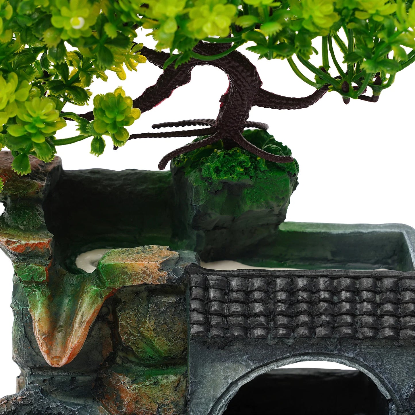 Tabletop Fountain Ornament, Tabletop Fountain, Flowing Water Resin Decor, Imitation Rock Bonsai, Durable Desktop Water Feature, Nature Style, 110V US Plug, Indoor Office Living Room Decoration, Hand-Carved Simulation Plant Wh