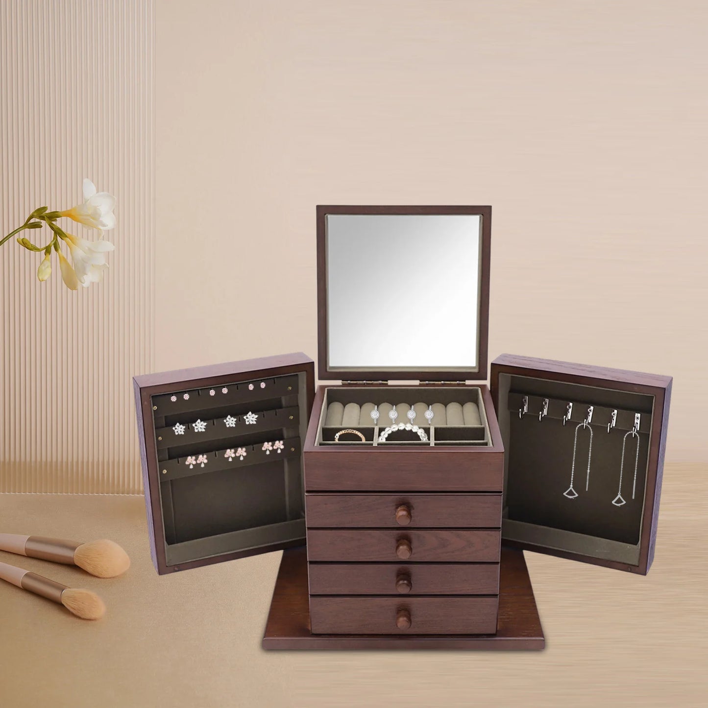 Jewelry Organizer Box, Multi-Compartment Storage Case with 4 Drawers & 6 Hooks & Built-in Mirror, Space-Saving MDF Vanity Stand for Rings Necklaces Earrings & Cosmetics