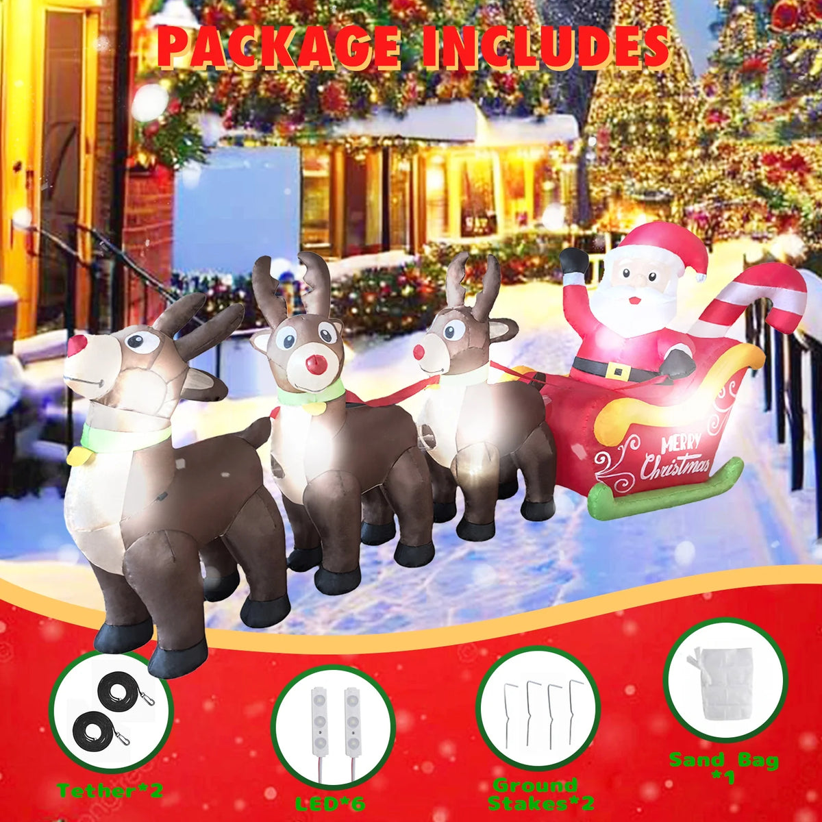 LED Inflatable Santa Sleigh With Reindeer Yard Decor