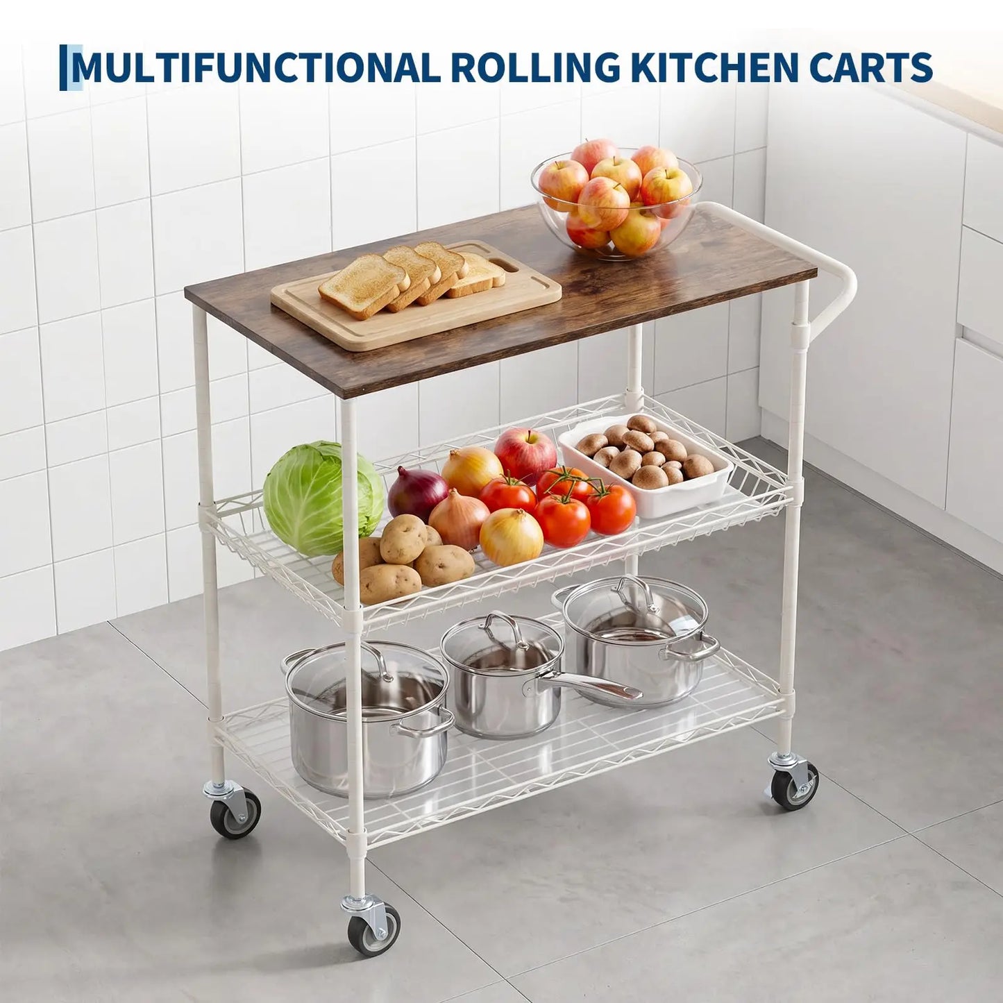 Kitchen Trolley on Wheels, 250KG Capacity Rolling Kitchen Island with Wood Top & Height Adjustable Basket Storage Shelves, 3-Tier Microwave Cart with Lockable Wheels, 2 Shelf Liners & 10 Hooks