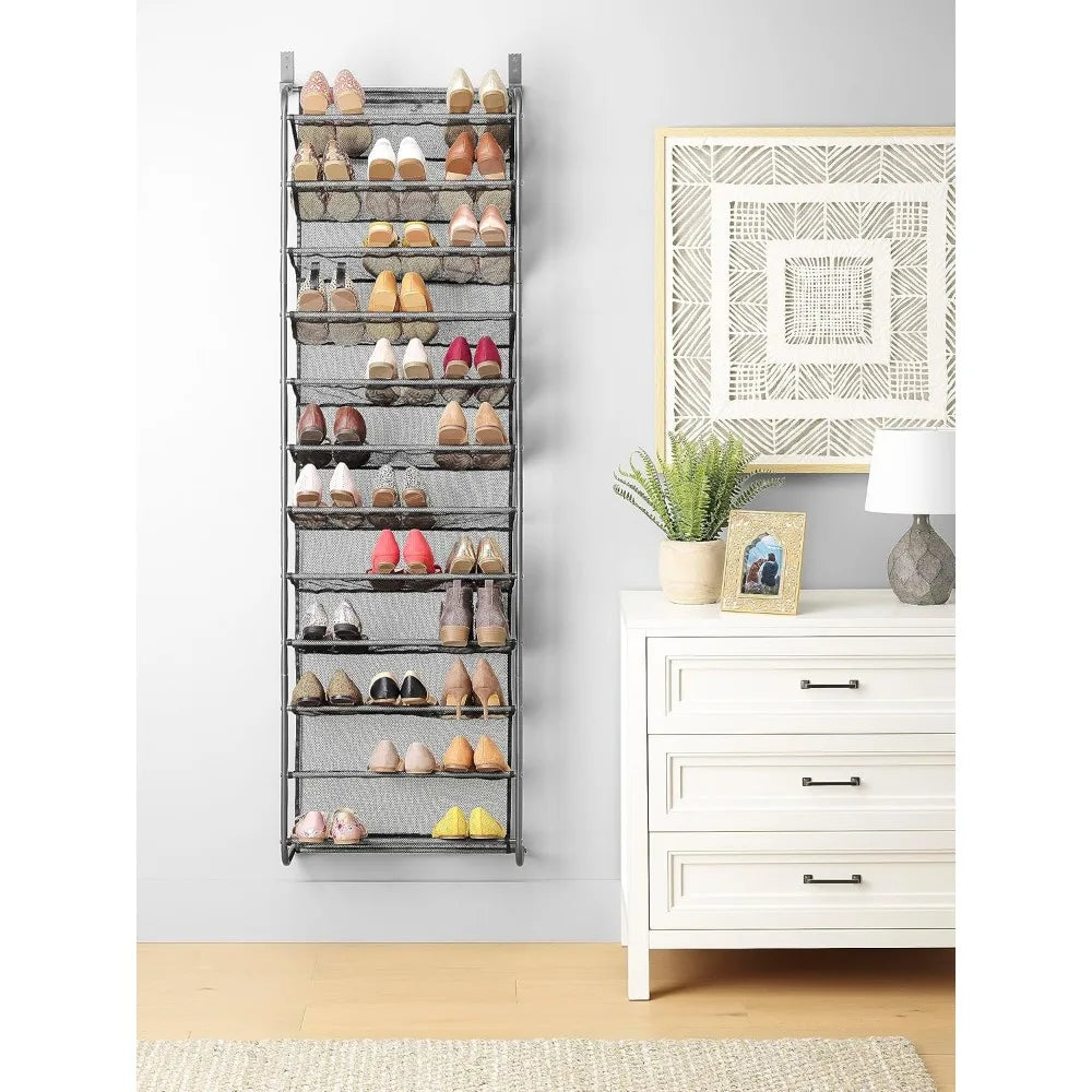 36 Pair Over Door 12 Tier Hanging Shoe Organizer Heavy Duty Metal Mesh Rack Closet Storage White