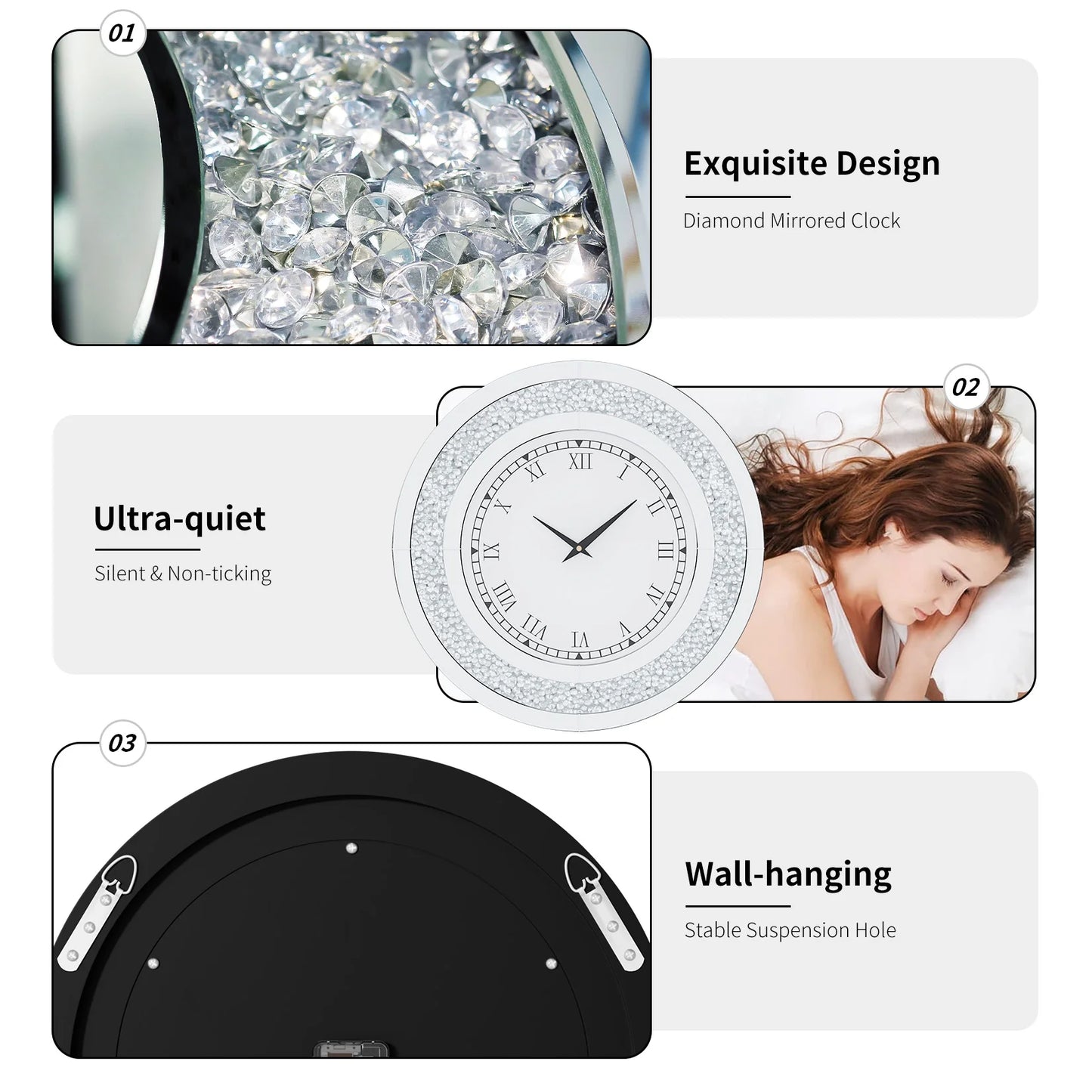 Large Mirror Wall Clock with Crushed Diamond Edge, Sparkling Bling Bling Crystal Round Clock for Living Room, Luxury Glamorous Home Decor, Silent Non-Ticking Quartz, Silver/Tawny Roman Numeral Modern Wall Art
