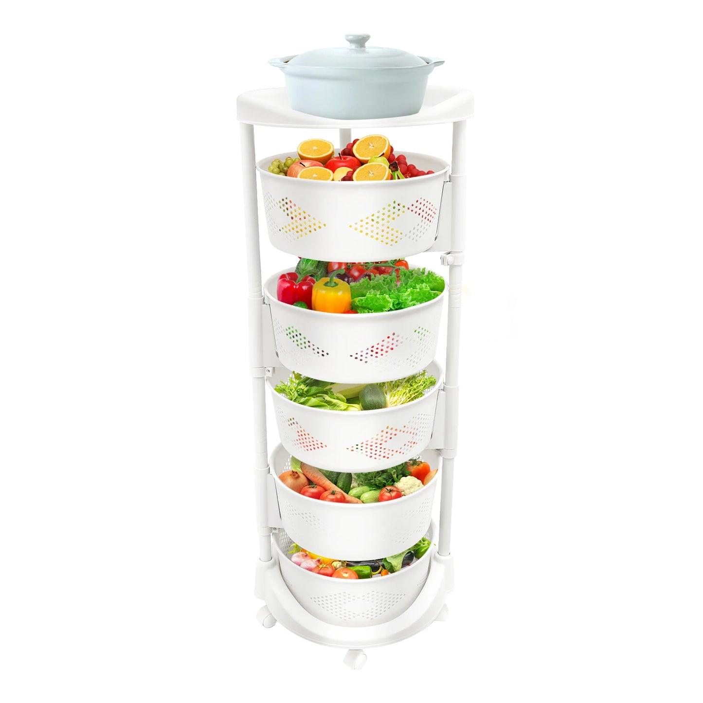 5 Layer Kitchen Rotating Storage Tower Organizer Rack Rolling Fruit Vegetable Storage Cart Basket White With Wheels