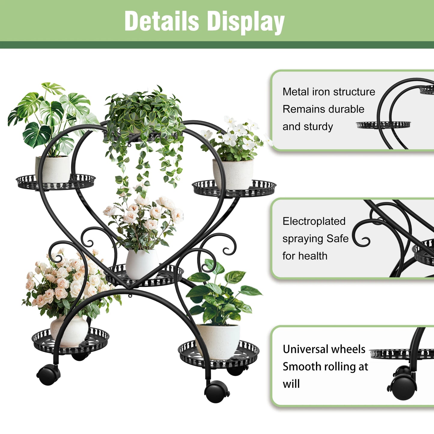 Wisfor Heart Shaped Metal Rolling Plant Stand