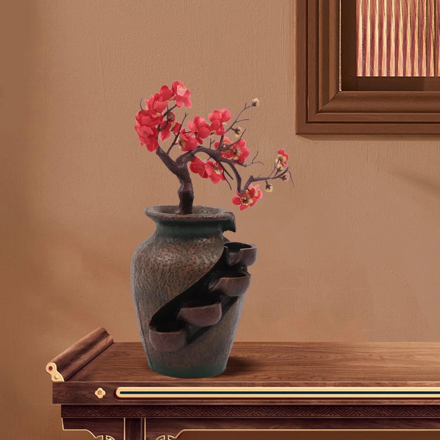 Desk Water Fountain, Tabletop Fountain Vase with Simulated Flowers, 110V 2.5W Resin Decorative Ornament for Office Home