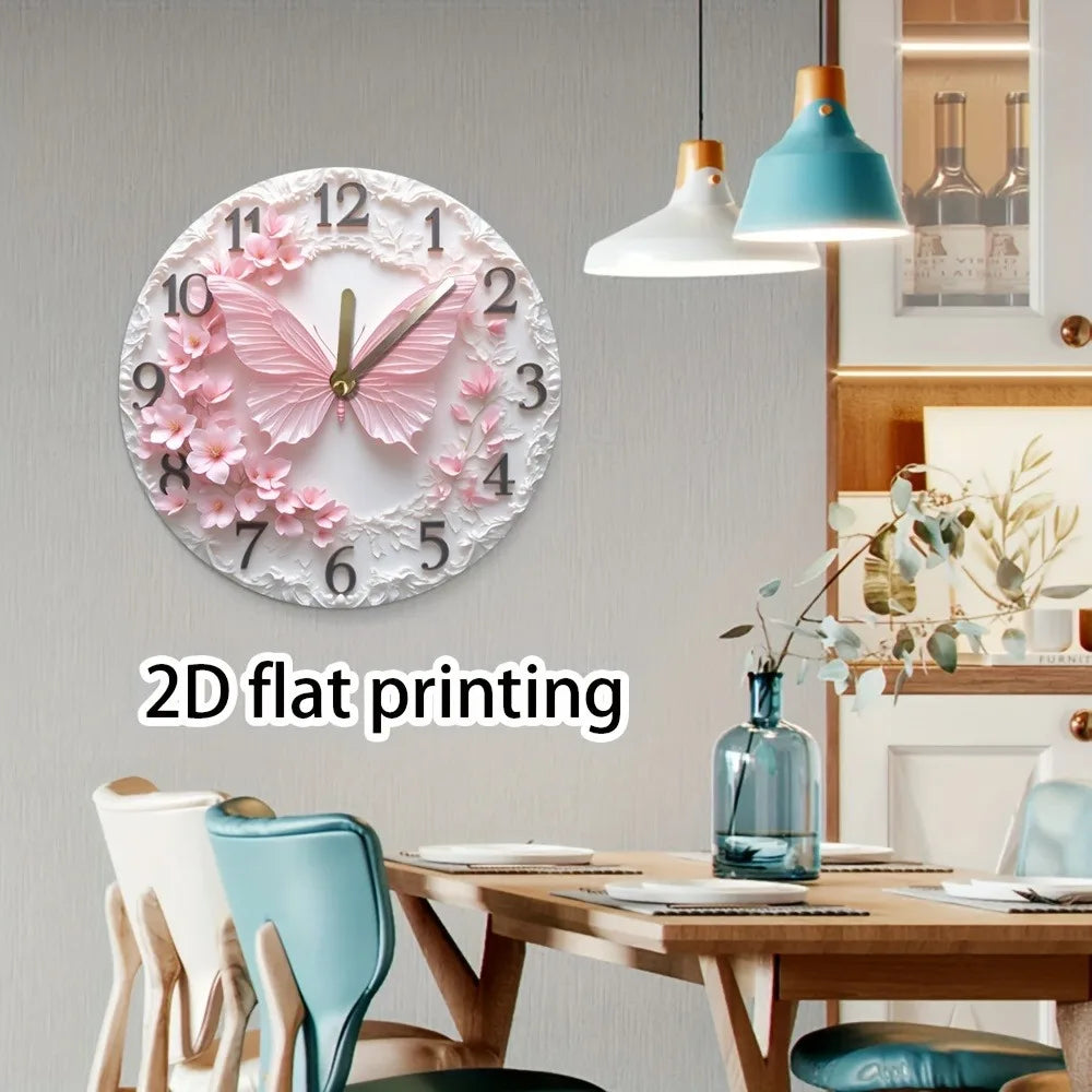 1 Elegant Pink Butterfly Wall Clock with Floral Pattern - Silent Non-Ticking Battery Operated Wooden Round Clock for Home Decor,