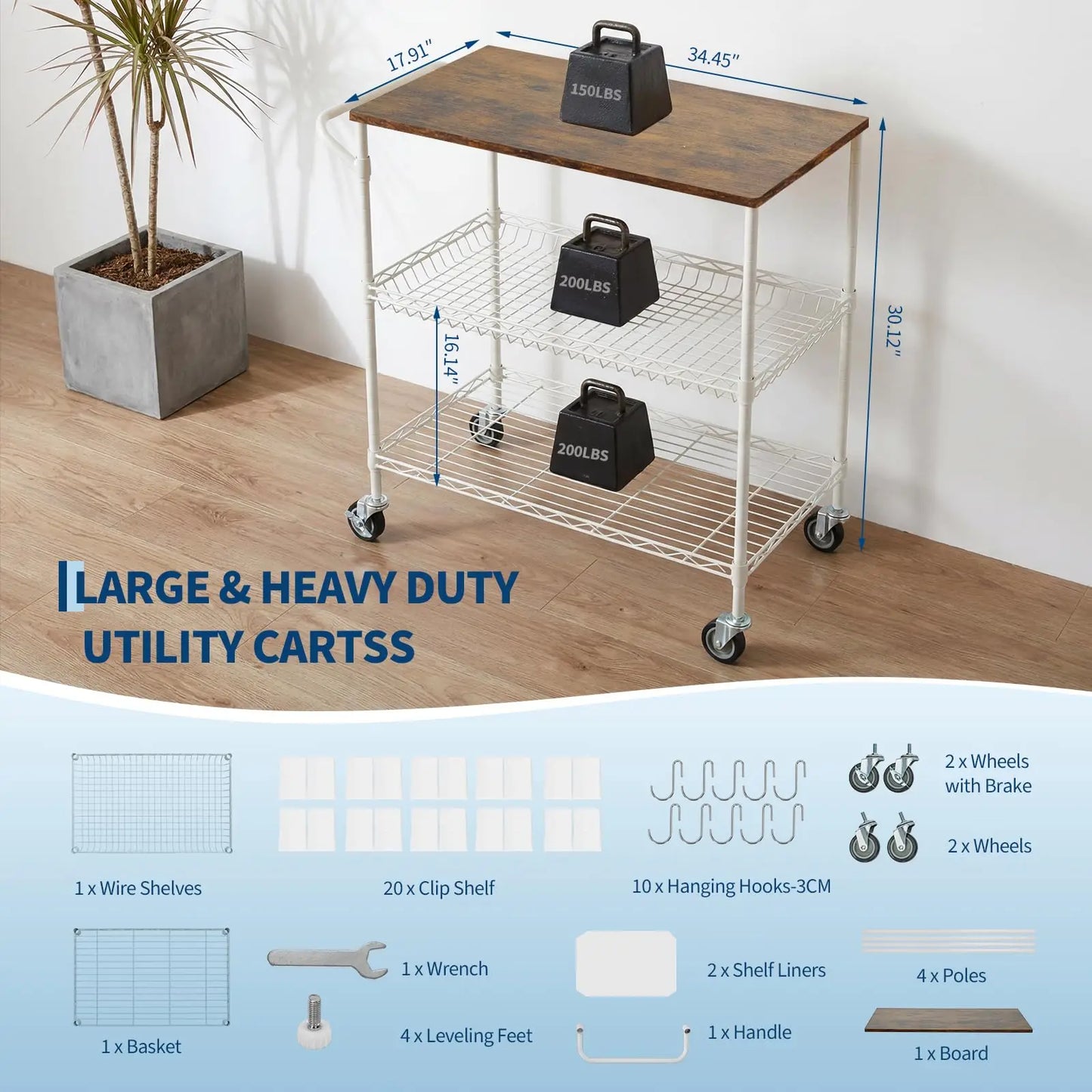 Kitchen Trolley on Wheels, 250KG Capacity Rolling Kitchen Island with Wood Top & Height Adjustable Basket Storage Shelves, 3-Tier Microwave Cart with Lockable Wheels, 2 Shelf Liners & 10 Hooks
