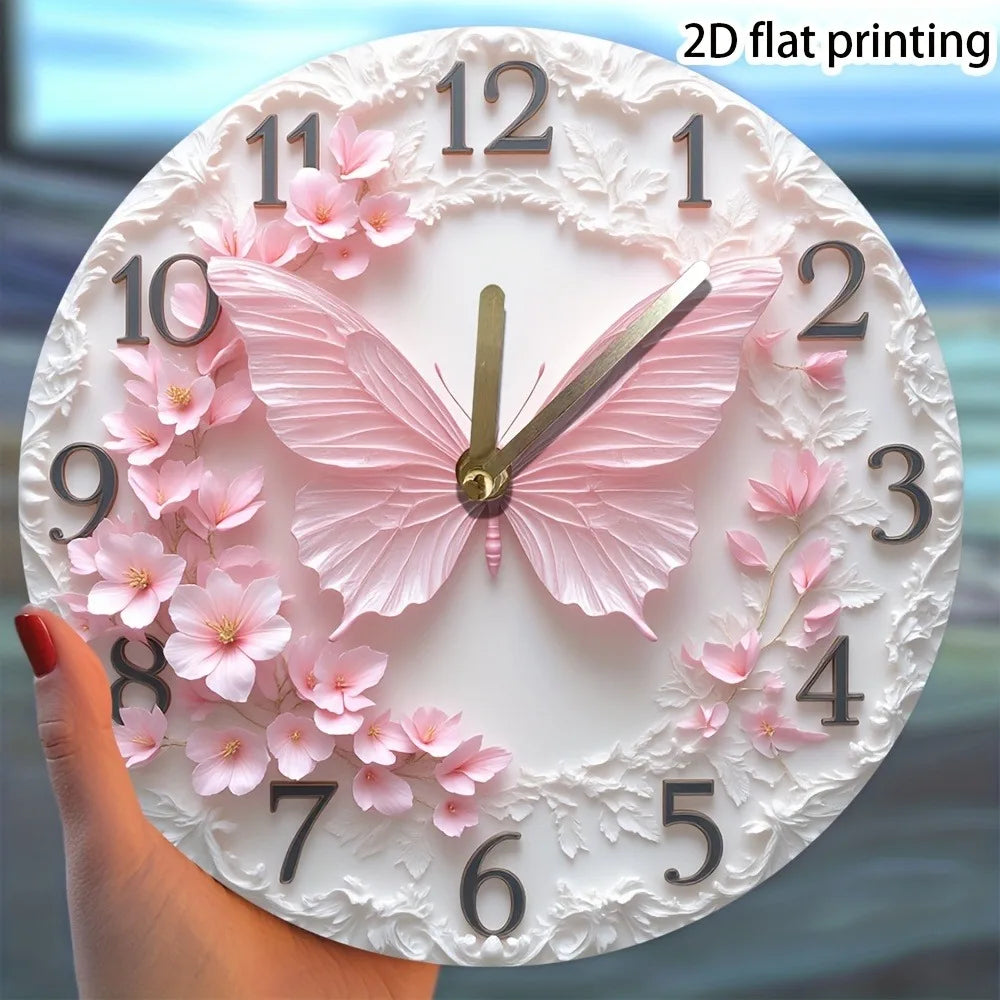 1 Elegant Pink Butterfly Wall Clock with Floral Pattern - Silent Non-Ticking Battery Operated Wooden Round Clock for Home Decor,