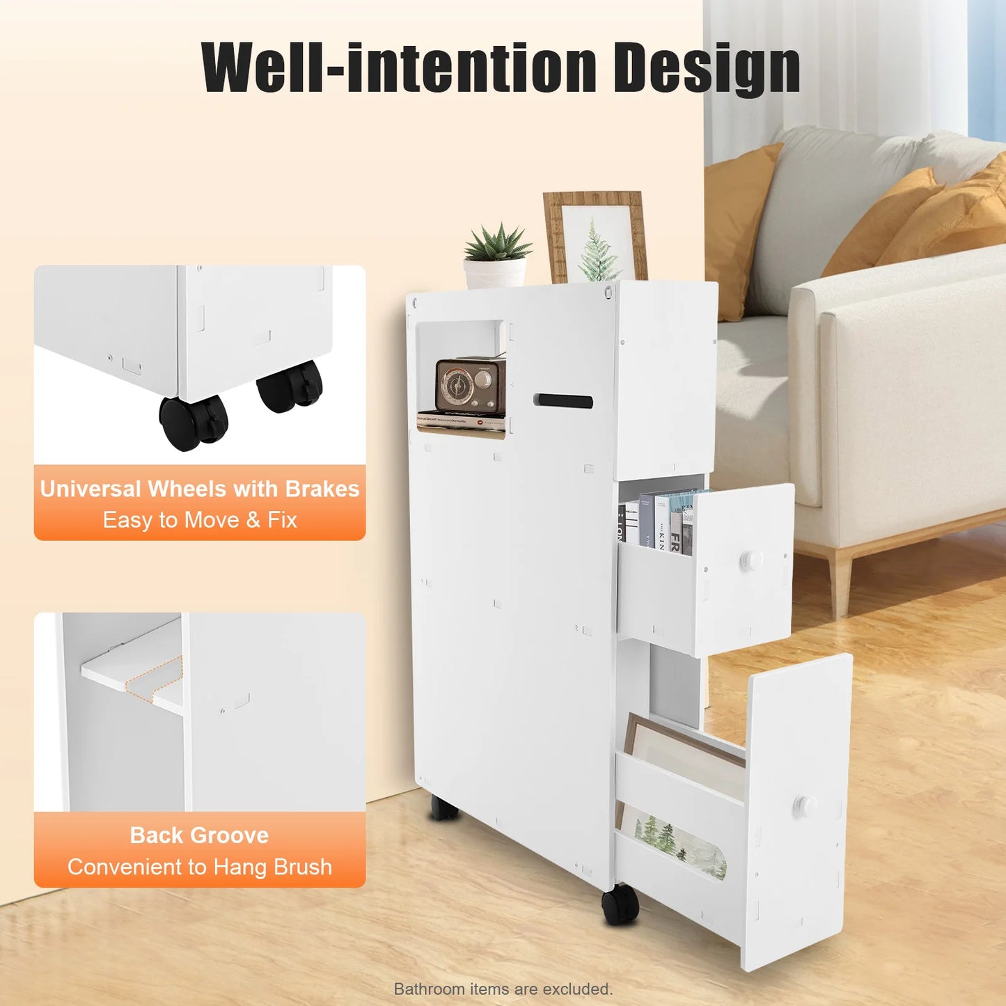 Narrow PVC Bathroom Storage Cabinet With Drawers And Wheels