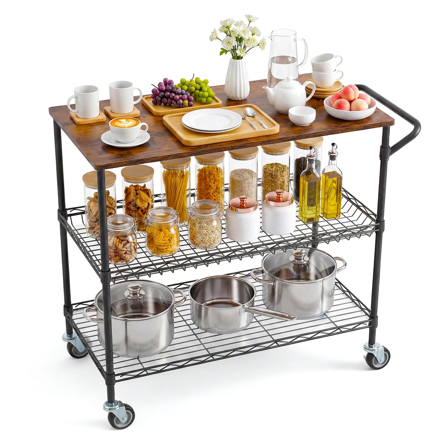 Kitchen Trolley on Wheels, 250KG Capacity Rolling Kitchen Island with Wood Top & Height Adjustable Basket Storage Shelves, 3-Tier Microwave Cart with Lockable Wheels, 2 Shelf Liners & 10 Hooks
