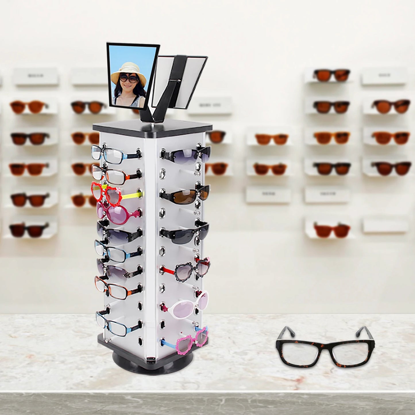 44 Pairs Sunglasses Organizer Holder.  Glasses Display Stand.   Rack 360° Rotating with Mirror. For Home, Shop , Exhibition Display