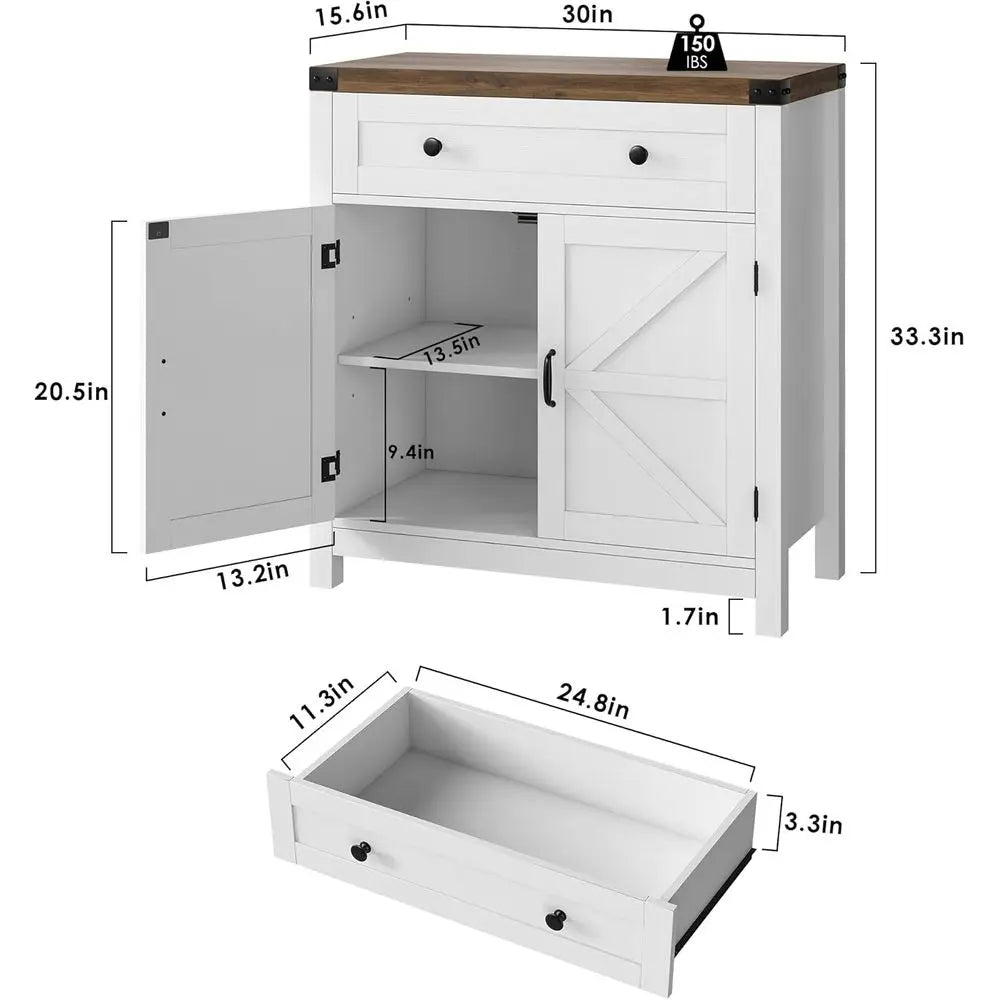 Barn Door Accent Cabinet With Drawer And Adjustable Shelves