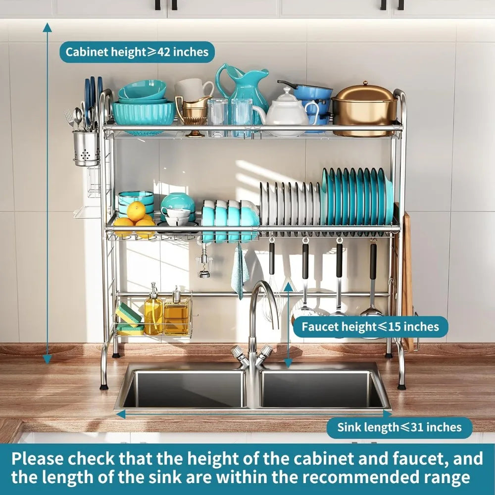 Two Tier Over Sink Dish Drying Rack with Utensil Holder Large Kitchen Counter Storage