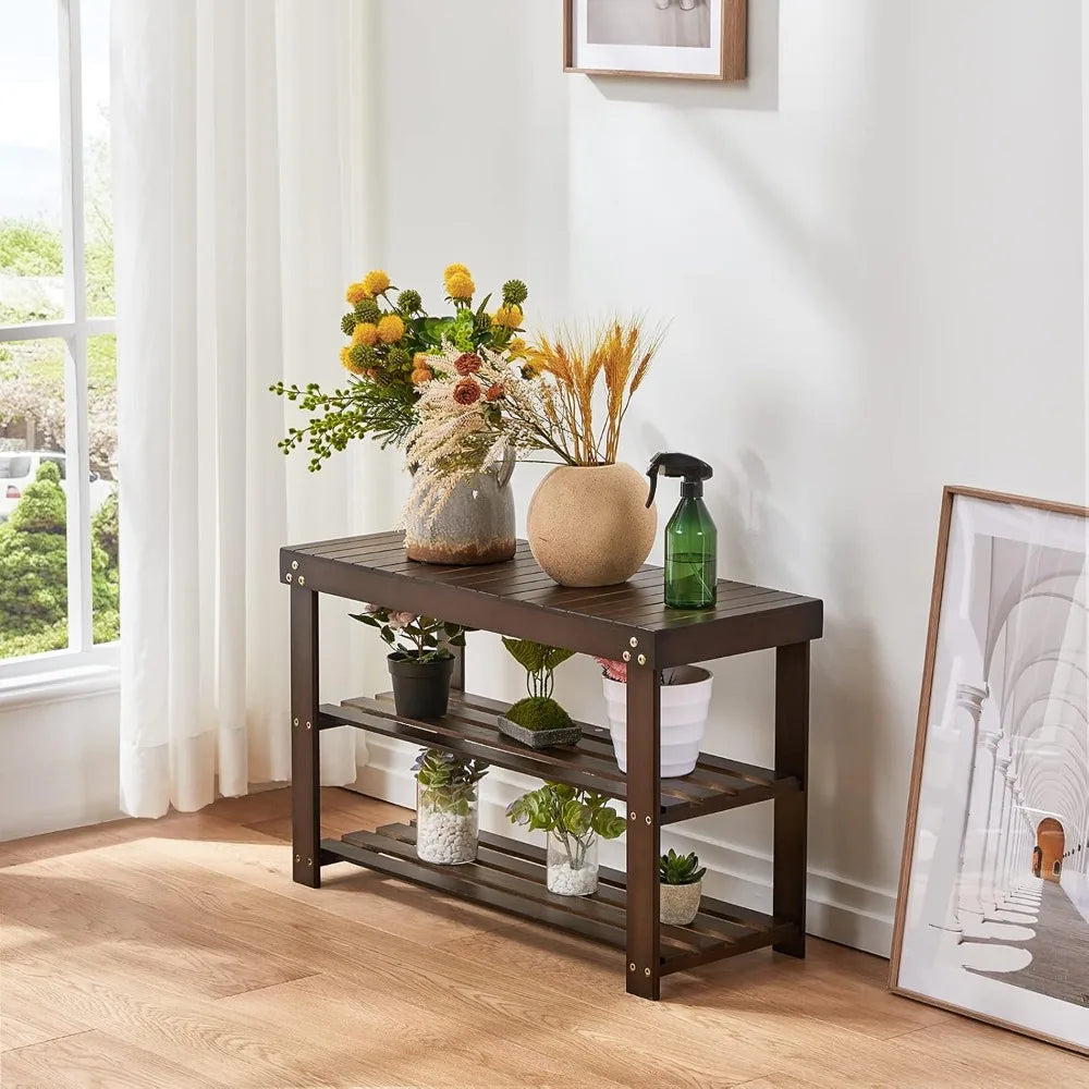 Three Tier Bamboo Shoe Bench Sturdy Organizer Holds 300lbs Entryway Bedroom Living Room Balcony