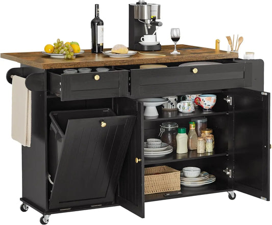 60" Mobile Kitchen rolling Island. Table Drop Leaf Cart with Power Outlet, Spice & Towel Rack.  Plus trash bin.