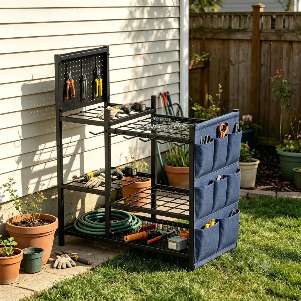 2 Pack Garden Tool Storage Organizer, Heavy Duty Black Metal Garage Tool Rack Set, Freestanding Yard Long Handle Tool Holder with Side Blue Storage Bags & Perforated Pegboard Utility Organizer for Lawn Shovel Rake Power Hand