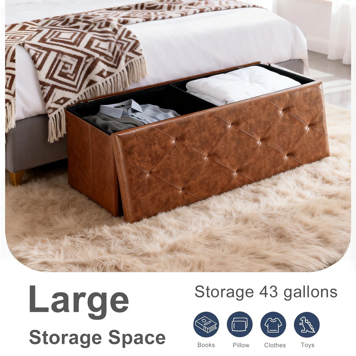Tufted Faux Leather Storage Bench Folding Footrest Ottoman with 400lbs Weight Capacity, Large Blanket Toy Storage Organizer Chest for Bedroom