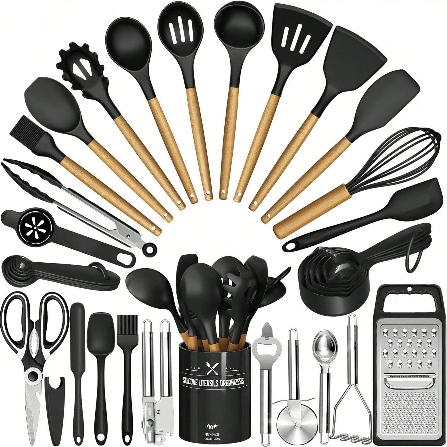 Silicone Kitchen Utensils Set With Holder Wooden Handles