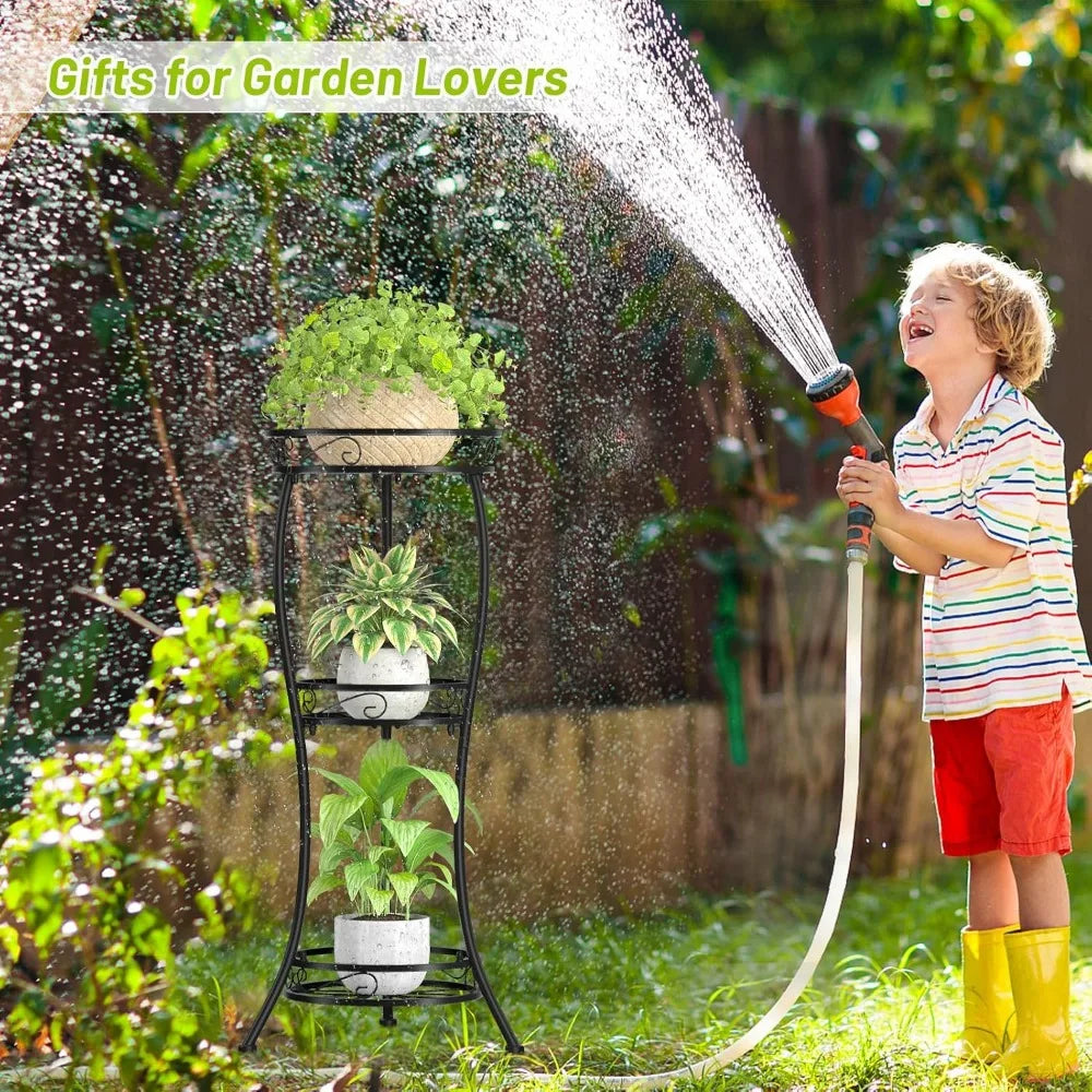 Three Tier Tall Metal Plant Stand 33 Inch Indoor Outdoor Rustproof Flower Pot Holder Display Rack Corner Garden Balcony
