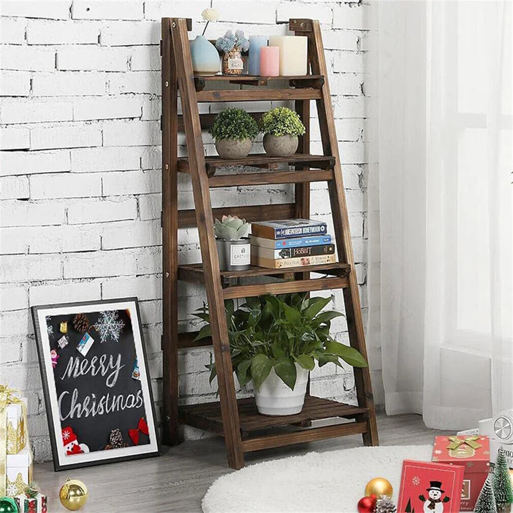 Wooden Folding 4 Tier Ladder Shelf