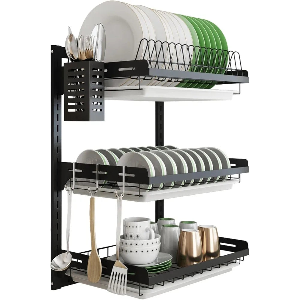 Hanging Dish Drying Rack Wall Mount,Dish Racks Drainer,3 Tier Kitchen Plate Organizer Storage Shelf