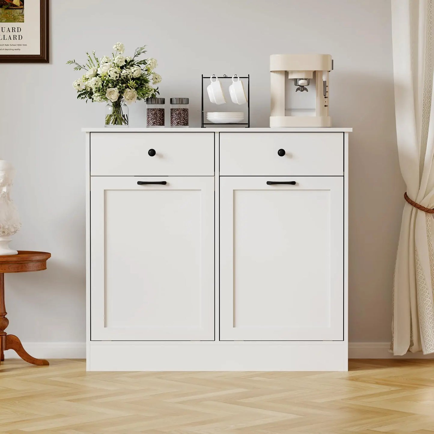 20 Gallon Double Tilt Out Trash Can Cabinet, Wooden Hidden Garbage Bin Cabinet with Deodorizer Function & Drawer, Pet-Proof Laundry Hamper Cabinet, White, No Pattern