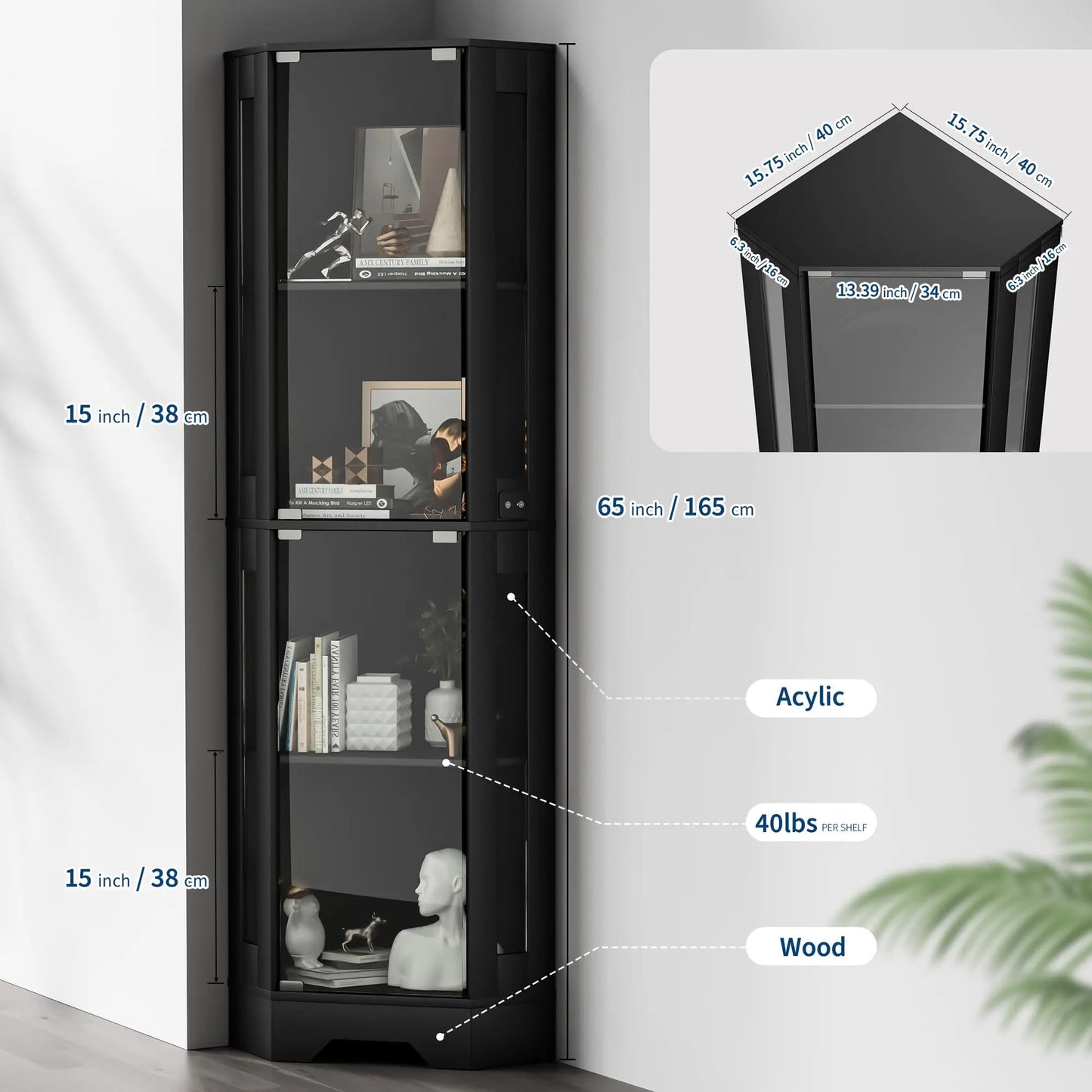HiMISS Corner Glass Display Cabinet With Four Tiers
