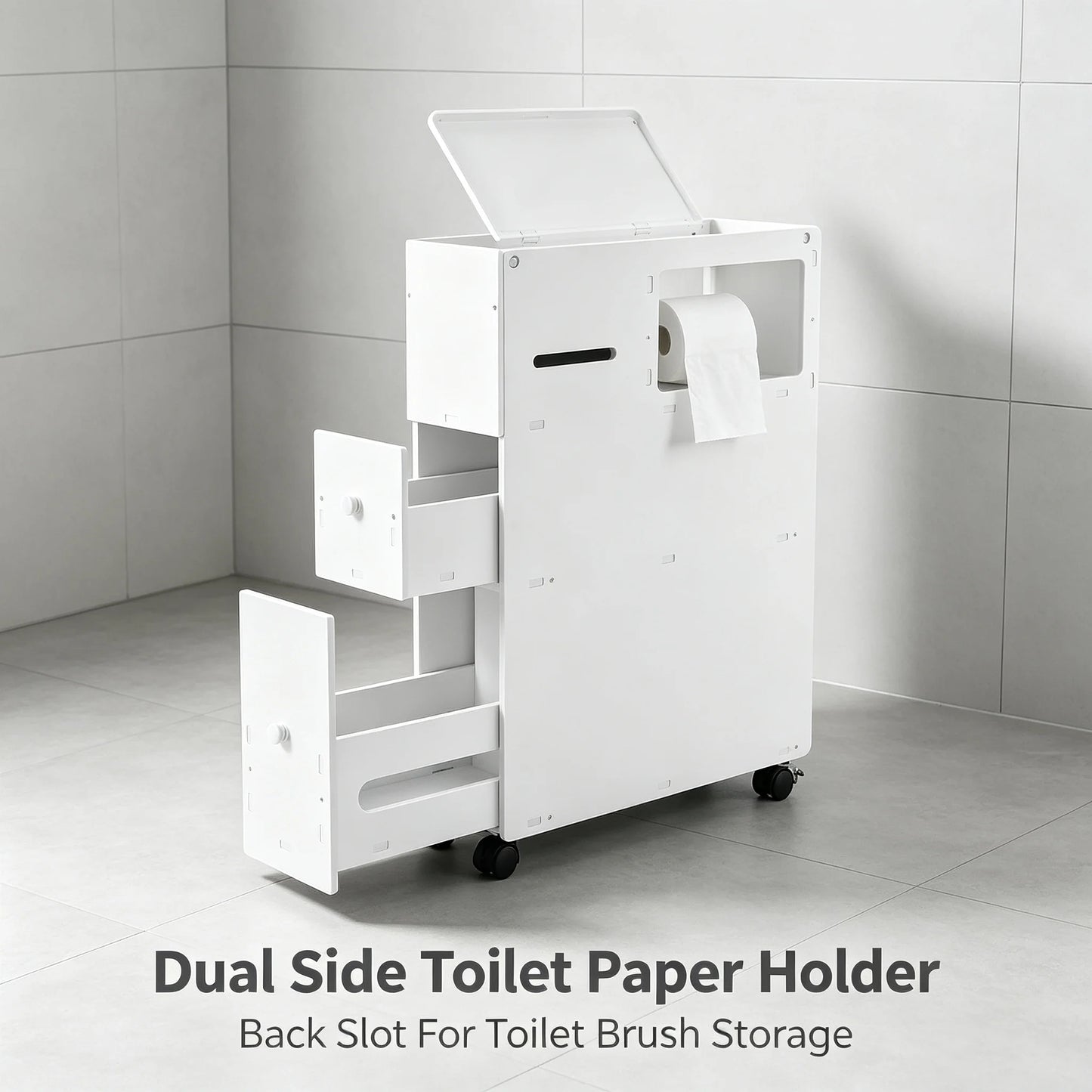 Narrow PVC Bathroom Storage Cabinet With Drawers And Wheels