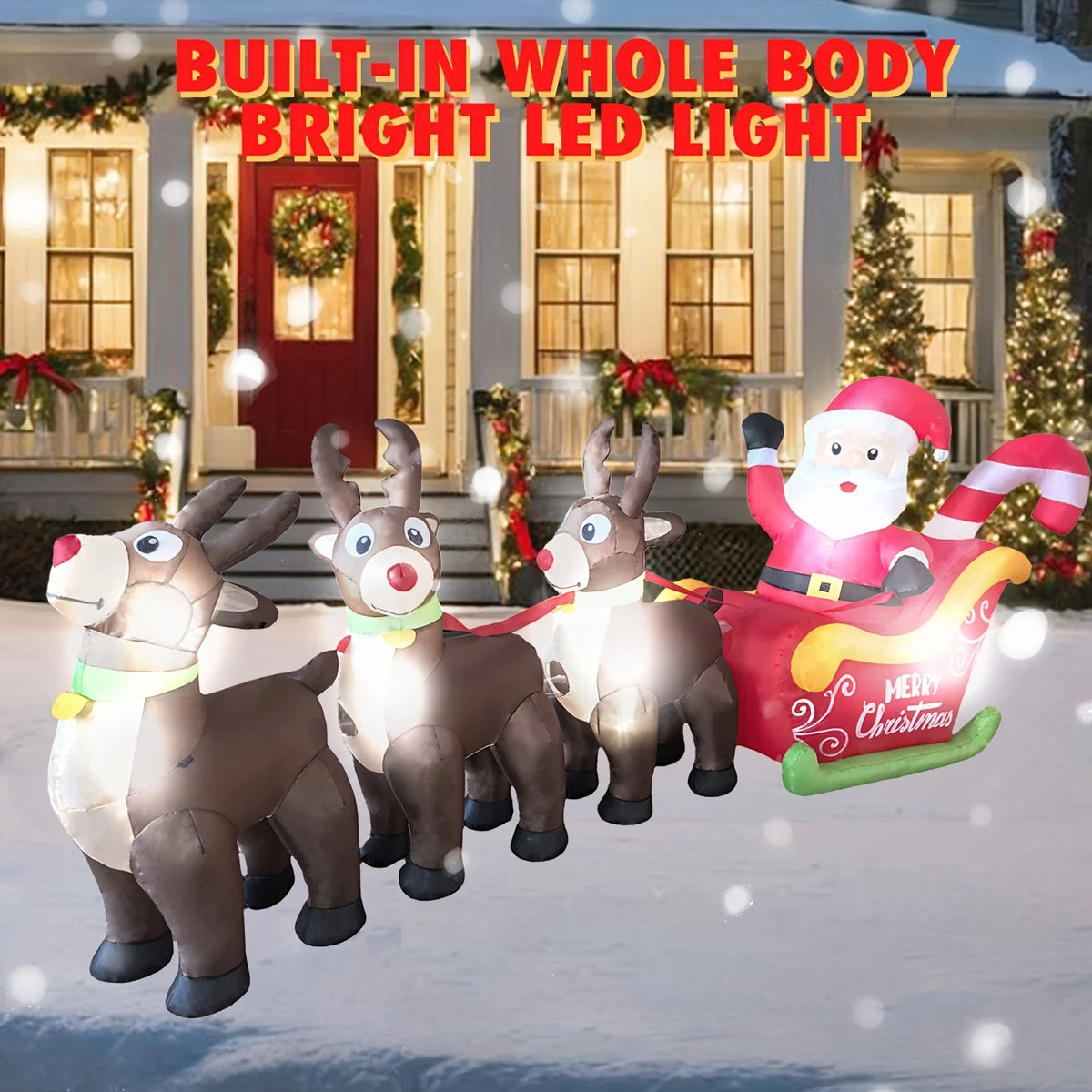 LED Inflatable Santa Sleigh With Reindeer Yard Decor