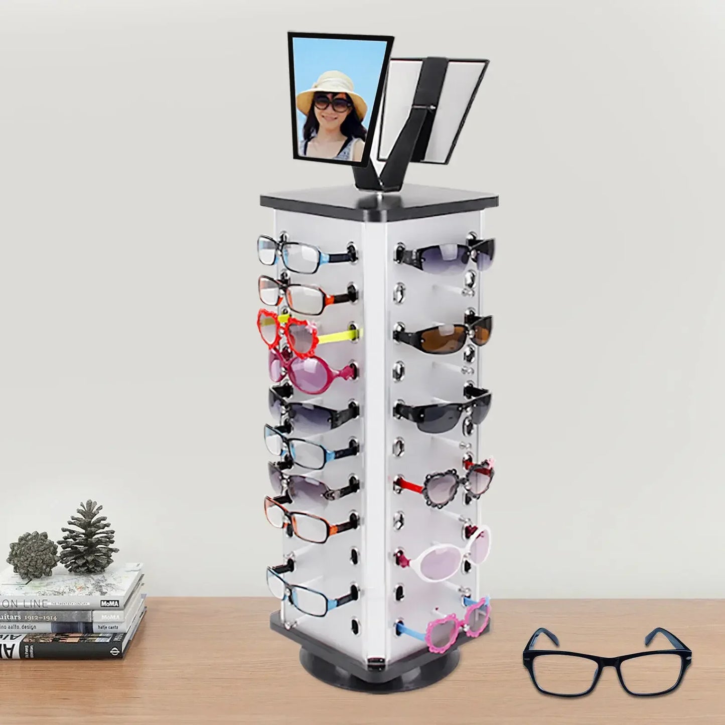 44 Pairs Sunglasses Organizer Holder.  Glasses Display Stand.   Rack 360° Rotating with Mirror. For Home, Shop , Exhibition Display