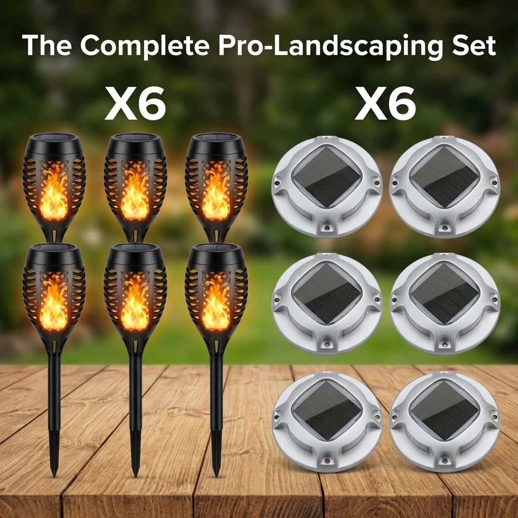 Solar Flame Torch And Ground Pathway Lights Set