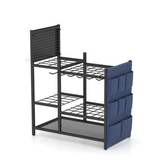 2 Pack Garden Tool Storage Organizer, Heavy Duty Black Metal Garage Tool Rack Set, Freestanding Yard Long Handle Tool Holder with Side Blue Storage Bags & Perforated Pegboard Utility Organizer for Lawn Shovel Rake Power Hand