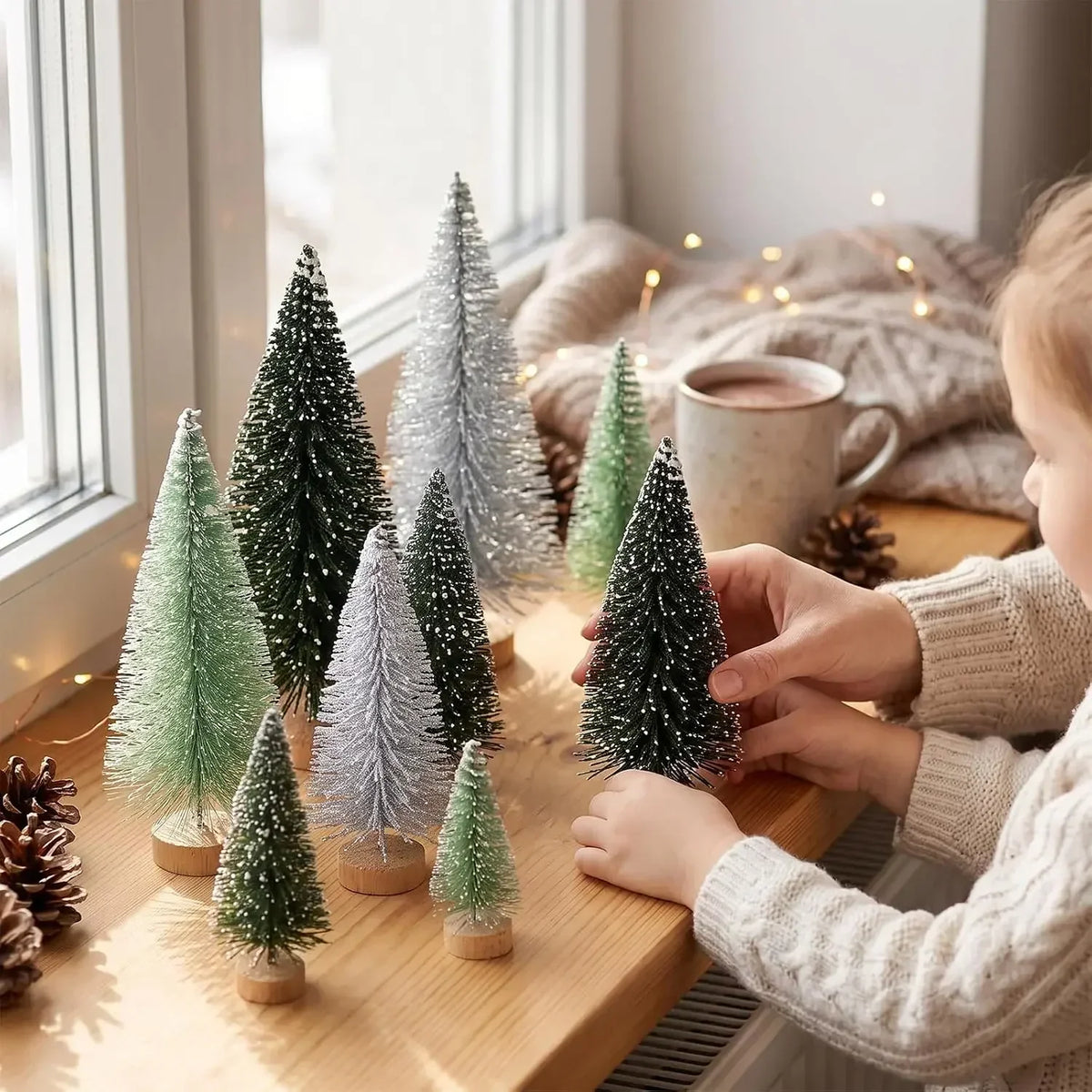 Artificial Christmas Bottle Brush Trees With Wooden Base