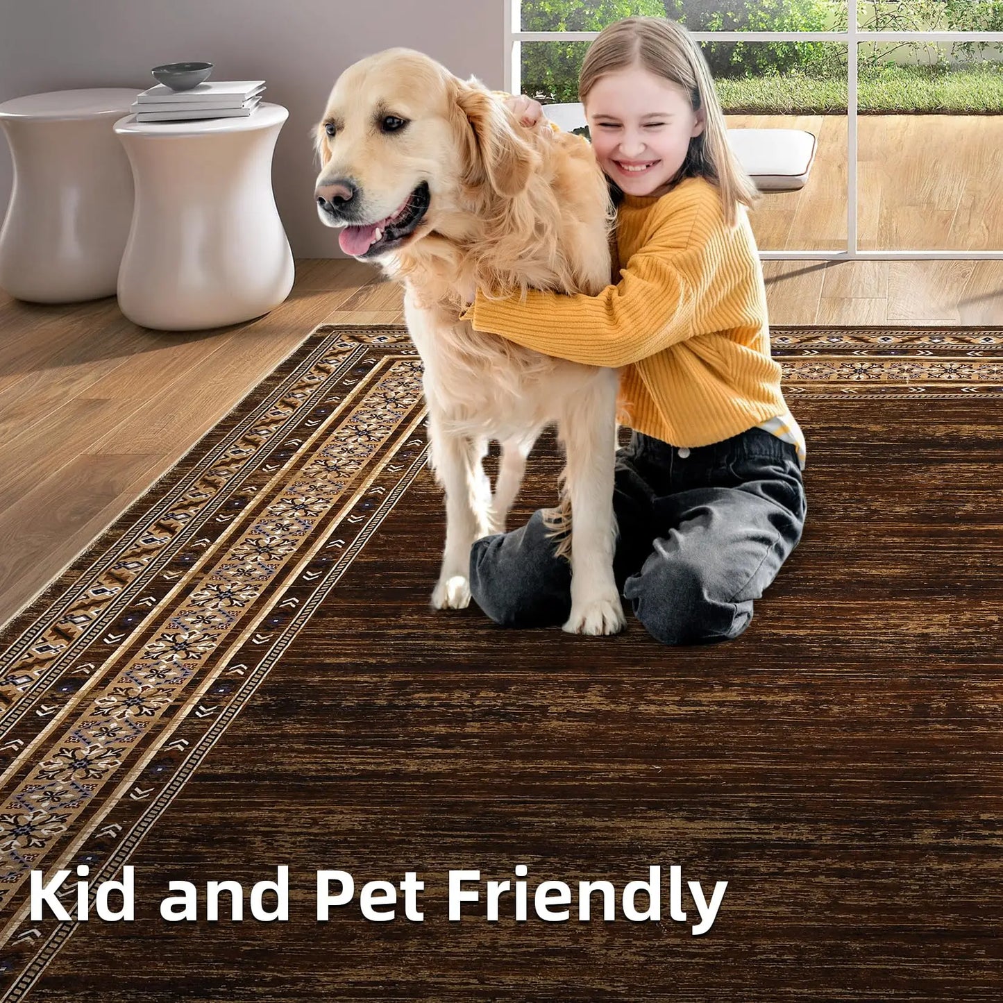 Area Rug 8x10 Washable Rug Brown Modern Living Room Rugs Soft Non Slip Throw Carpet Low Pile Bordered Contemporary Floor Cover for Bedroom Dining Room Foldable Thin Rugs