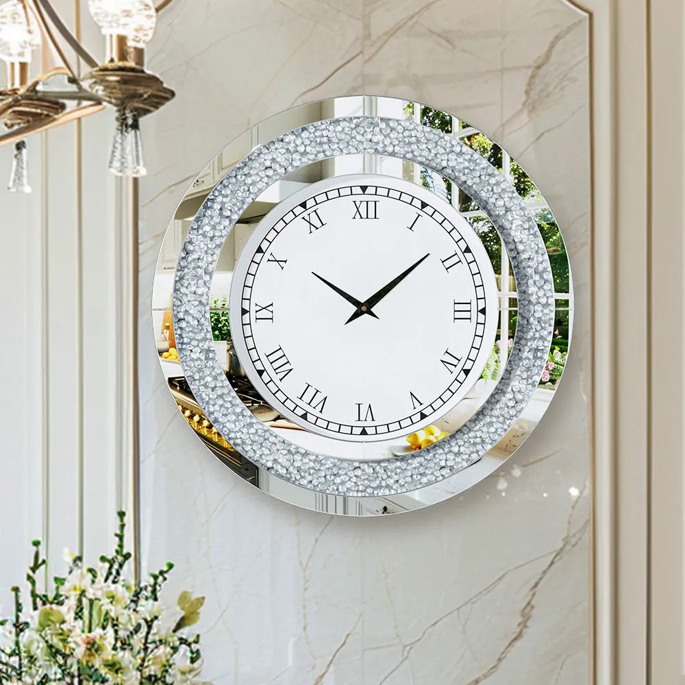Large Mirror Wall Clock with Crushed Diamond Edge, Sparkling Bling Bling Crystal Round Clock for Living Room, Luxury Glamorous Home Decor, Silent Non-Ticking Quartz, Silver/Tawny Roman Numeral Modern Wall Art