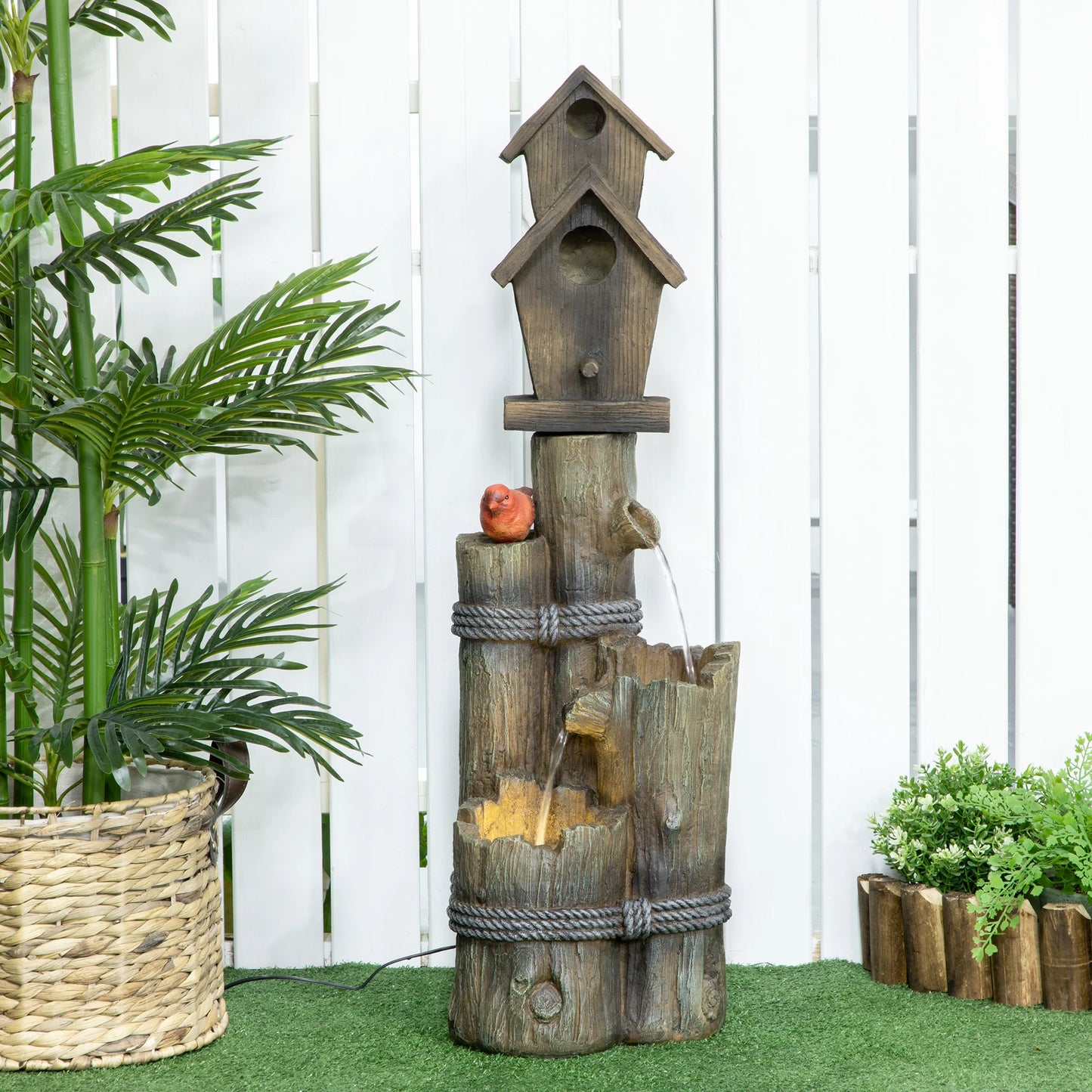 Tree Trunk Outdoor Fountain With Birdhouse