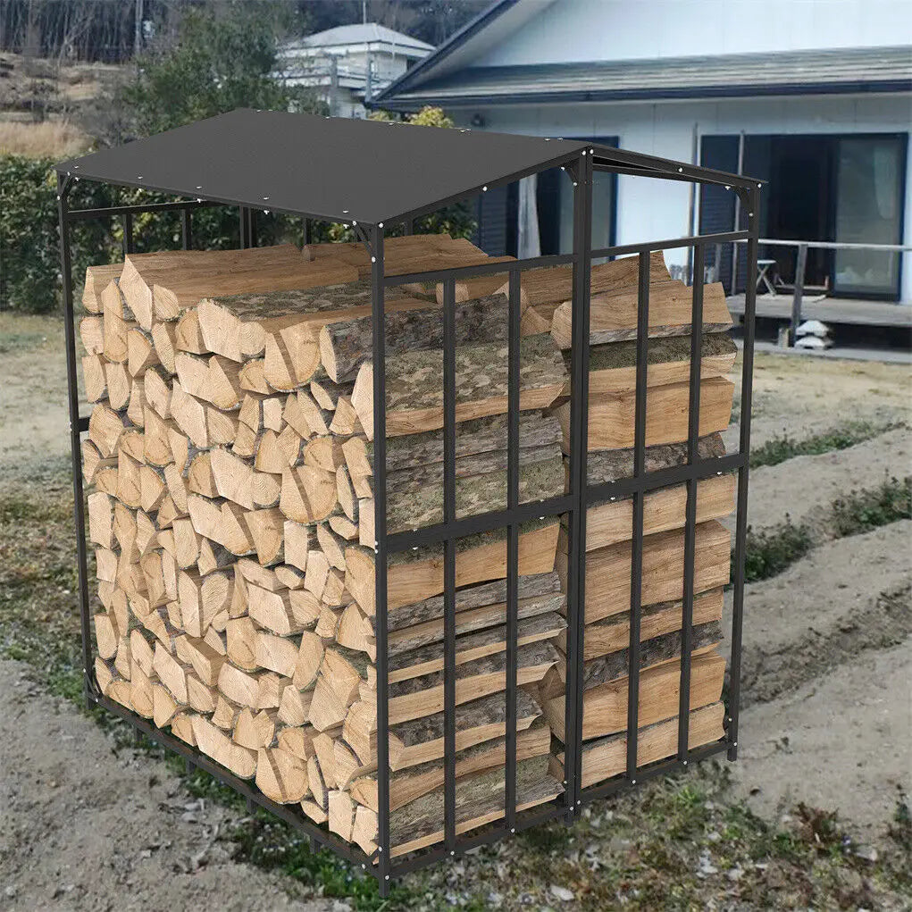 Metal Outdoor Firewood Storage Rack With Top Cover