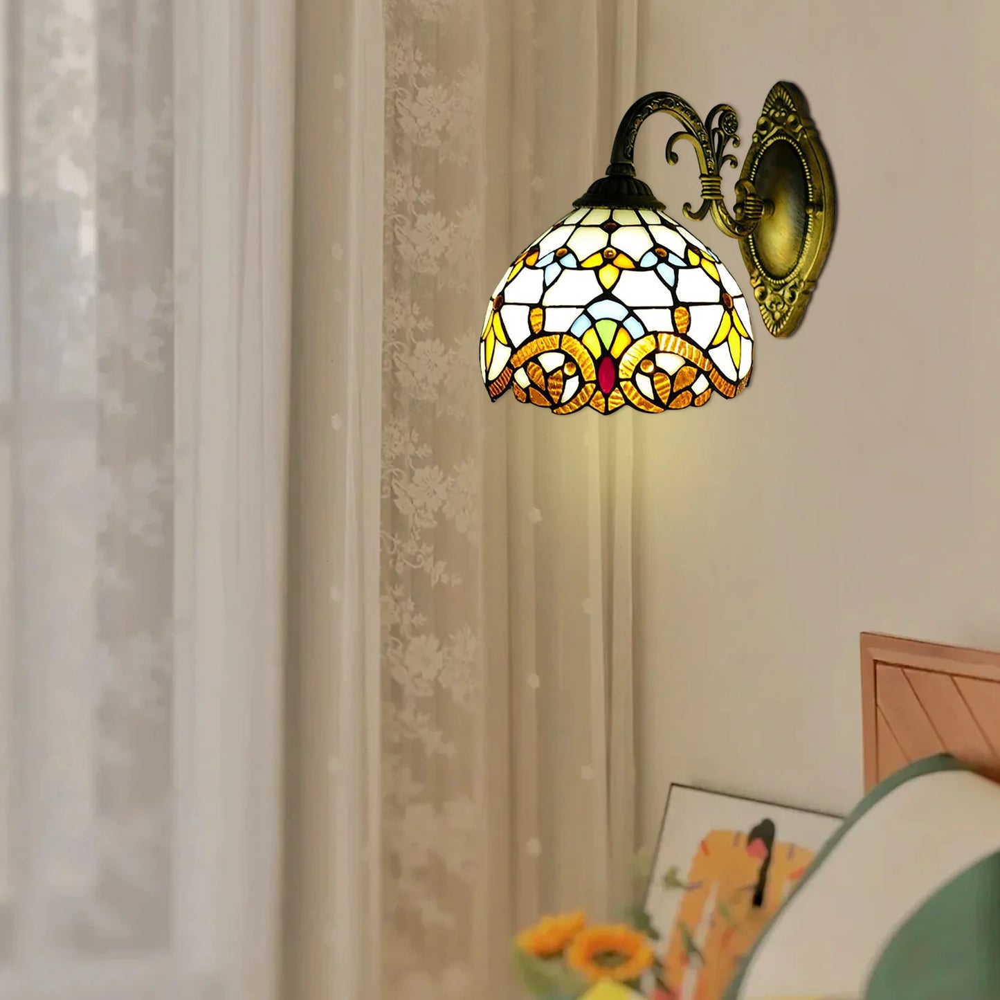 Tiffany Wall Lamp.   Indoor Vintage Wall Lamp.  Retro Handmade Dome Lamp for Living Room, Staircase, Bedroom