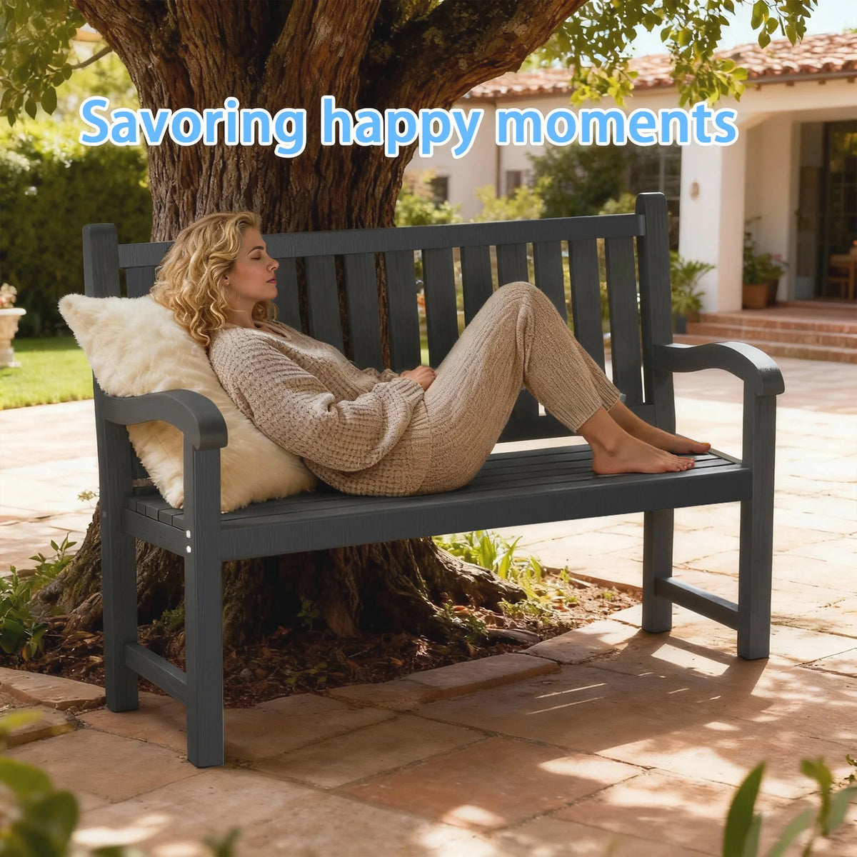 Weather Resistant Outdoor Plastic Patio Bench With Armrests