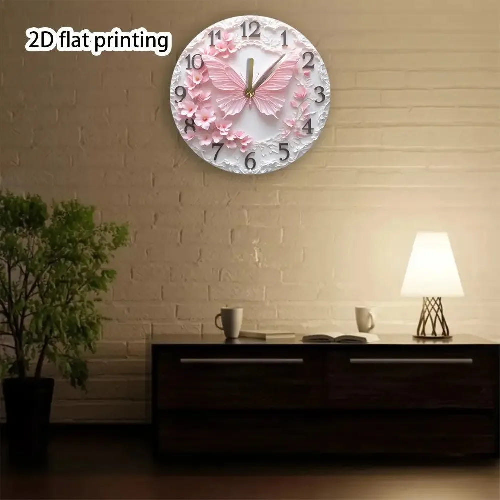 1 Elegant Pink Butterfly Wall Clock with Floral Pattern - Silent Non-Ticking Battery Operated Wooden Round Clock for Home Decor,